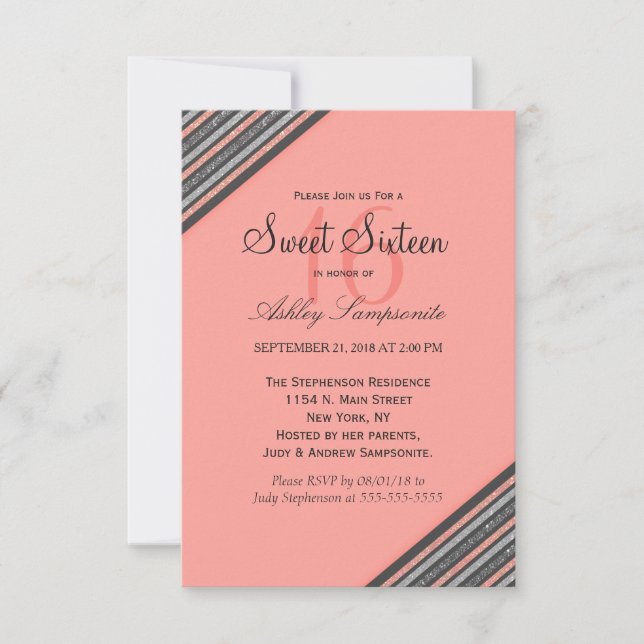 Invitation Coral rose et Parties scintillant rayures (Devant)
