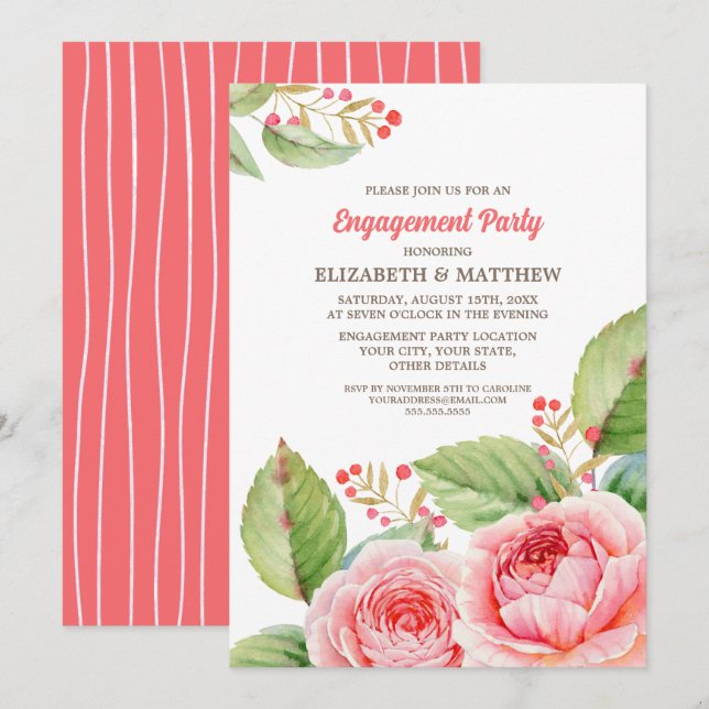 Invitation Coral rose Floral (Devant / Derrière)
