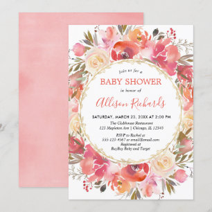 Invitation Coral rose floral aquarelle fille baby shower