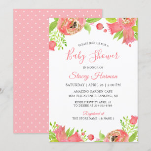 Invitation Coral rose Floral Jardin Baby shower d'aquarelle