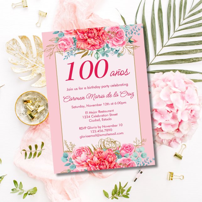 Invitation Coral rose Florals Espagnol 100ème anniversaire (Créateur téléchargé)