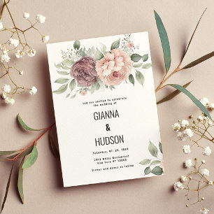 Invitation Coral rose menthe vert feuille fleurs mariage