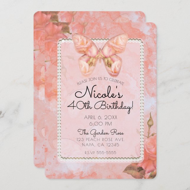 Invitation Coral rose papillon Vintage Rose fête d'anniversai (Devant / Derrière)