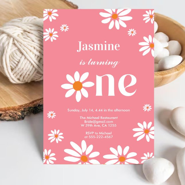 Invitation Coral rose Retro Super Daisy Florals 1er anniversa (Coral Pink Retro Groovy Daisy Florals 1st Birthday Invitation)