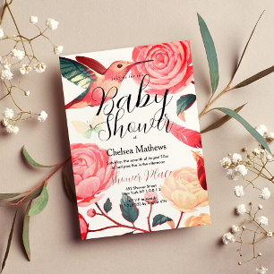 Invitation Coral rose turquoise colibri Baby shower floral