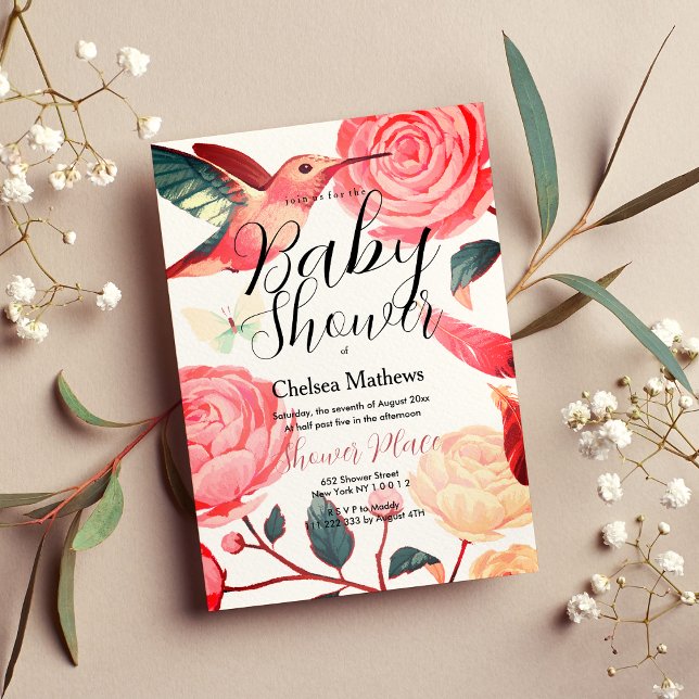 Invitation Coral rose turquoise colibri Baby shower floral (Coral pink teal hummingbird floral Baby Shower Invitation)