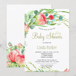 Invitation Coral rouge jardin roses couronne élégant baby sho
