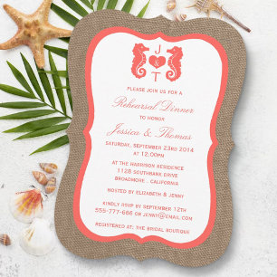 Invitation Coral Seahorse Sur Burlap Beach Rehearer Dîner