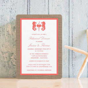 Invitation Coral Seahorse Sur Burlap Beach Rehearer Dîner