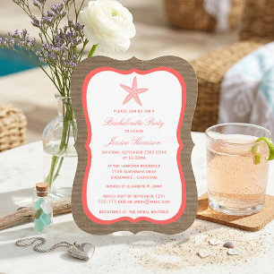Invitation Coral Starfish Beach Burlap Bachelorette Party