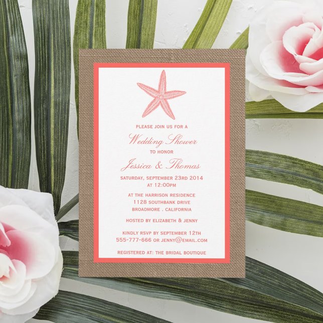 Invitation Coral Starfish Sur Burlap Beach Mariage Douche (Créateur téléchargé)