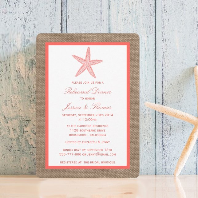 Invitation Coral Starfish Sur Burlap Plage Dîner De Répétitio (Créateur téléchargé)