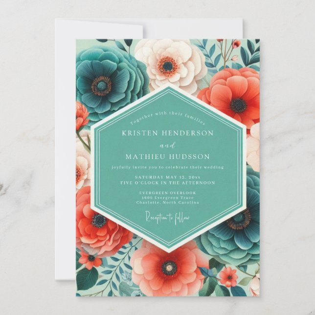 Invitation Coral Teal Bold Floral Wedding (Devant)