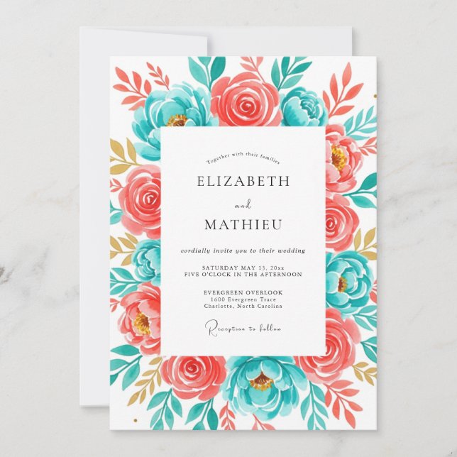 Invitation Coral Teal Botanical Bliss Wedding (Devant)