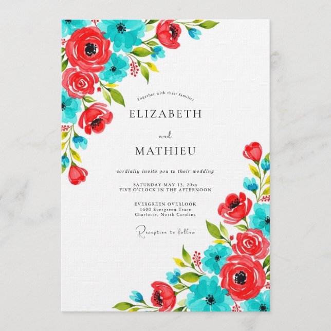 Invitation Coral & Teal Floral Whimsy Wedding (Devant)