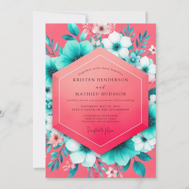 Invitation Coral Teal Floral Whimsy Wedding (Devant)
