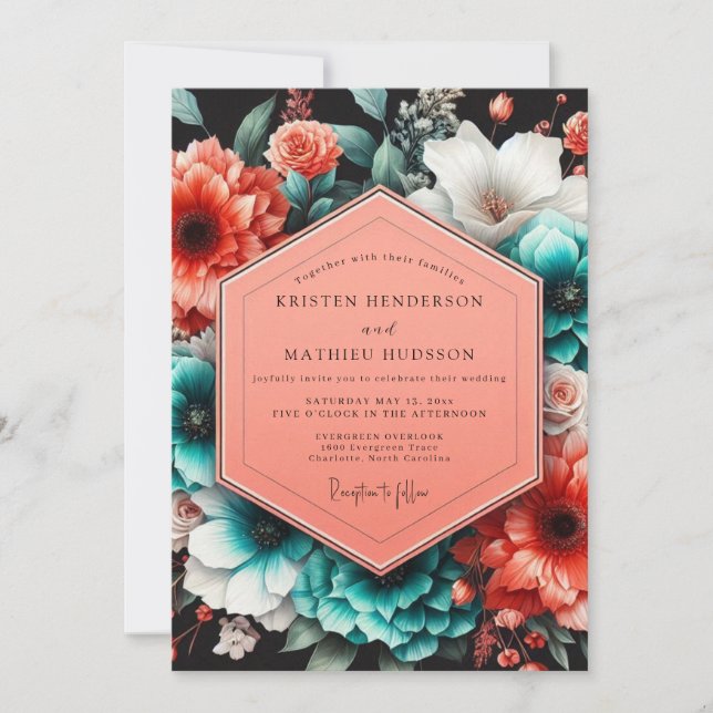 Invitation Coral Teal Nocturne Flora Wedding (Devant)