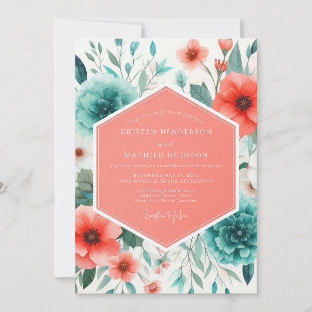 Invitation Coral Teal Painterly Poppy Wedding (Devant)