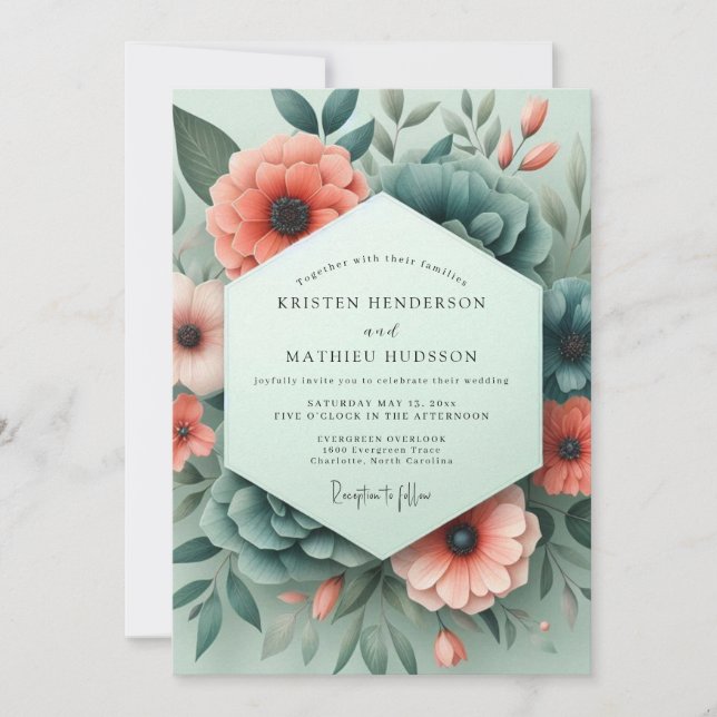 Invitation Coral Teal Somber Flora Wedding (Devant)