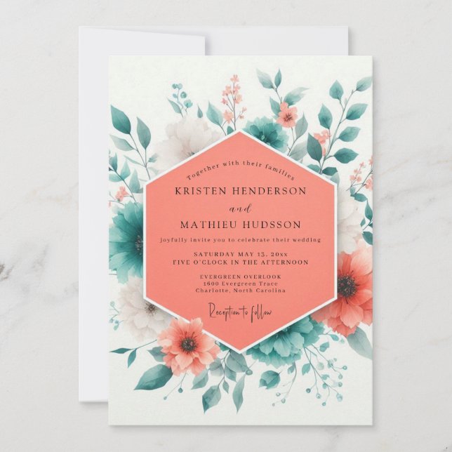 Invitation Coral Teal Spring Bloom Wedding (Devant)