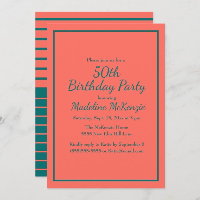 Invitation Coral Teal Striped 50th Birthday Party Invite (Devant / Derrière)