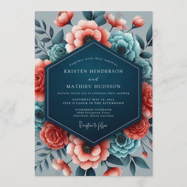 Invitation Coral Teal Vibrant Flora Wedding (Devant)