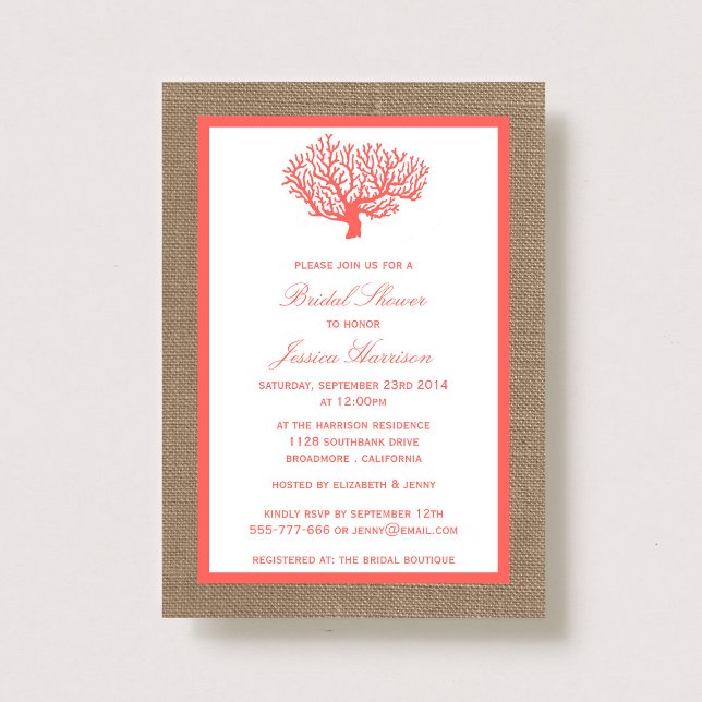 Invitation Coral Tropical Plage Burlap Fête des mariées (Créateur téléchargé)
