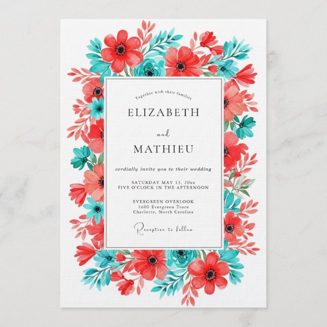 Invitation Coral Turquoise Floral Bloom Wedding (Devant)