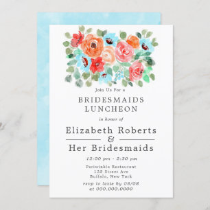 Invitation Coral Turquoise Paint Fleurs Bridesmaids Déjeuner