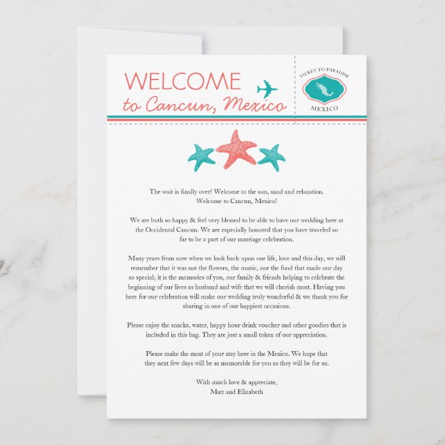 Invitation Coral turquoise Starfish Mexique Mariage Bienvenue (Devant)