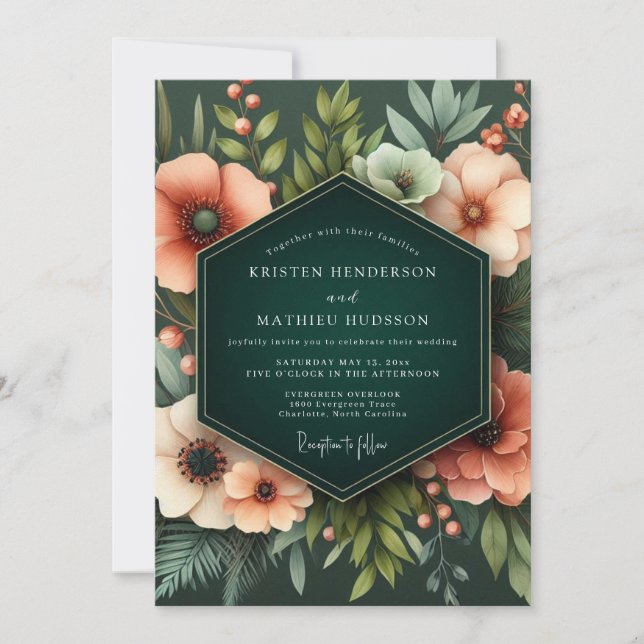 Invitation Coral Verdant Bloom Wedding (Devant)