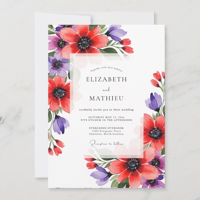 Invitation Coral Violet Artistic Bloom Wedding (Devant)