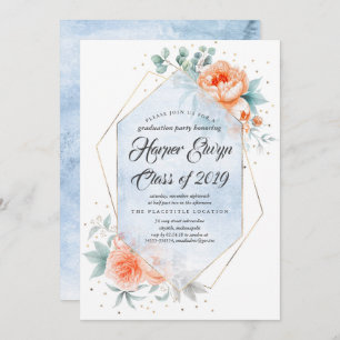 Invitation Coral Vivant Dusty Bleu Moderne Floral Graduation