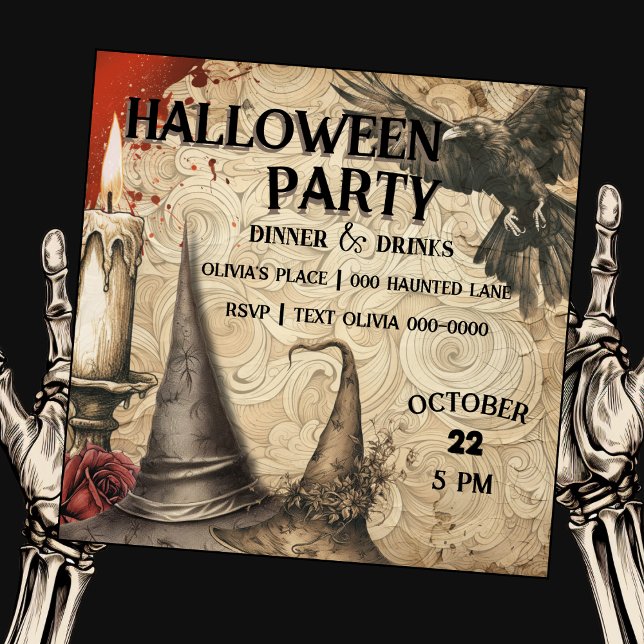 Invitation Corbeau | Casquettes sorciers | Bougie | Parti d'H (Haunted halloween customizable party invite with raven and witch hats. )