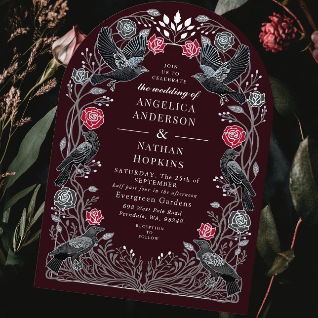 Invitation Corbeau Enchanté Roses Rouges Noires Gothiques Mar (Créateur téléchargé)