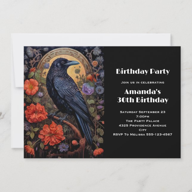 Invitation Corbeau noir avec fleurs Design gothique Anniversa (Devant)