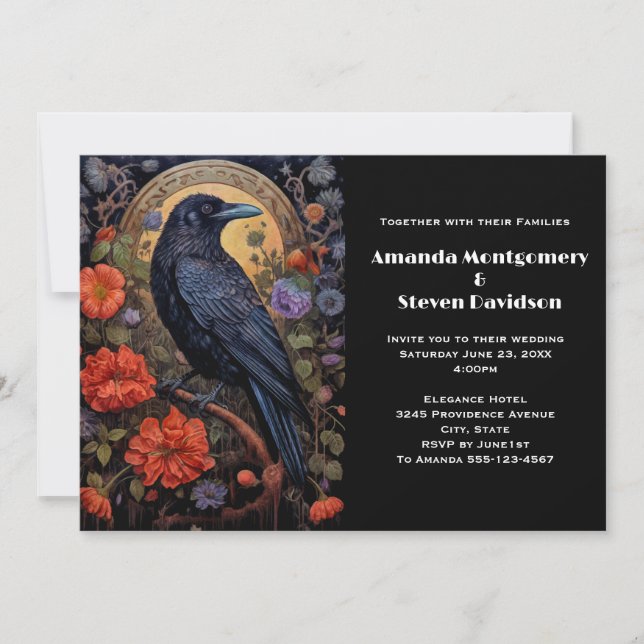Invitation Corbeau noir avec fleurs Mariage de design gothiqu (Devant)