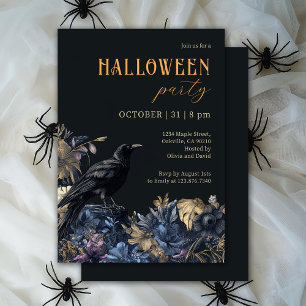 Invitation Corbeau noir et fête d'Halloween florale foncée