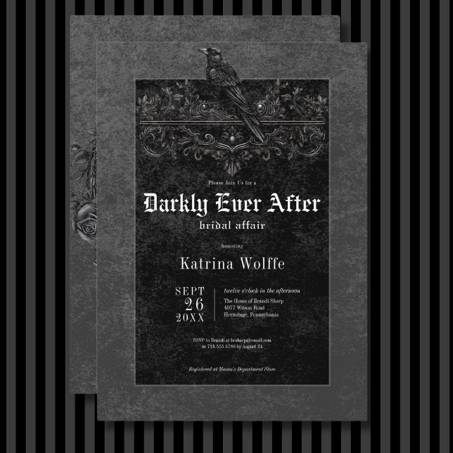 Invitation Corbeau noir gothique et Fête des mariées noire Ro (Gothic Black Raven & Roses Black Bridal Shower Invitation)