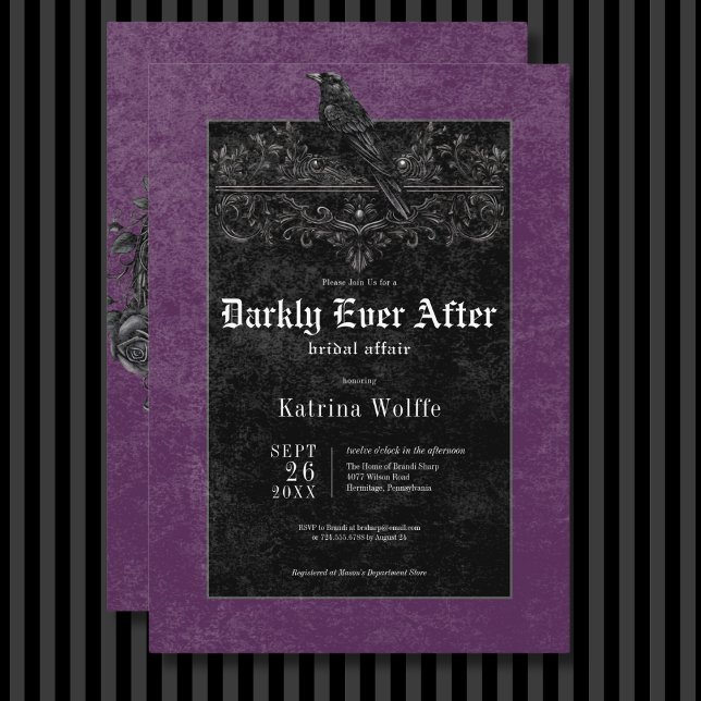 Invitation Corbeau noir gothique et Fête des mariées violette (Gothic Black Raven & Roses Purple Bridal Shower Invitation)