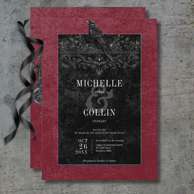 Invitation Corbeau noir gothique et Mariage de vin Rose noir (Gothic Black Raven & Black Roses Wine Wedding Invitation)