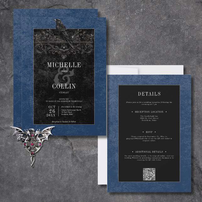 Invitation Corbeau noir gothique et Rose noir bleu à deux côt (Gothic Black Raven & Black Roses Blue All In One Invitation)