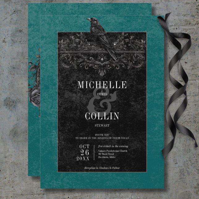 Invitation Corbeau noir gothique et Rose noir Mariage Turquoi (Gothic Black Raven & Black Roses Teal Wedding Invitation)
