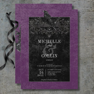 Invitation Corbeau noir gothique et Rose noir Mariage violet