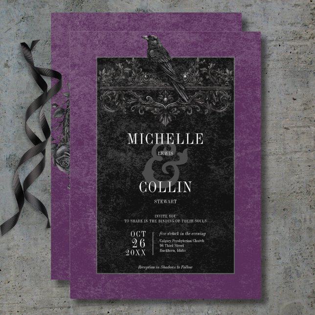 Invitation Corbeau noir gothique et Rose noir Mariage violet (Gothic Black Raven & Black Roses Purple Wedding Invitation)