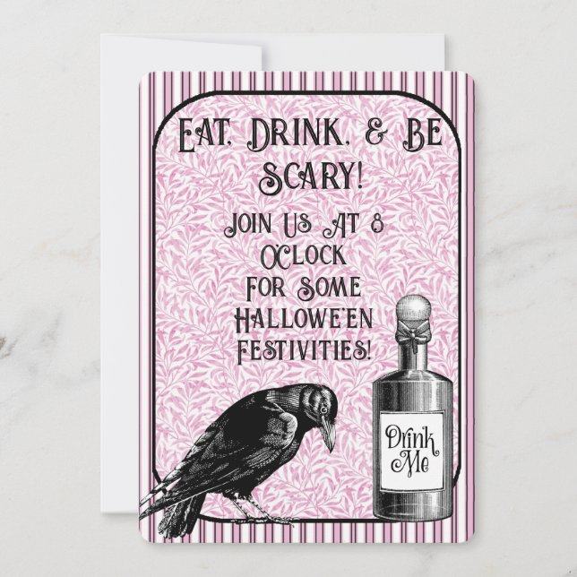 Invitation Corbeau noir rose Halloween (Devant)