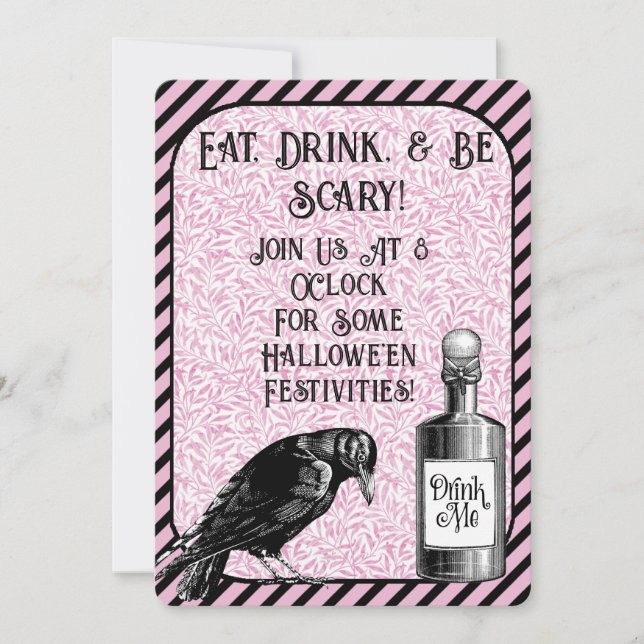 Invitation Corbeau noir rose Halloween (Devant)