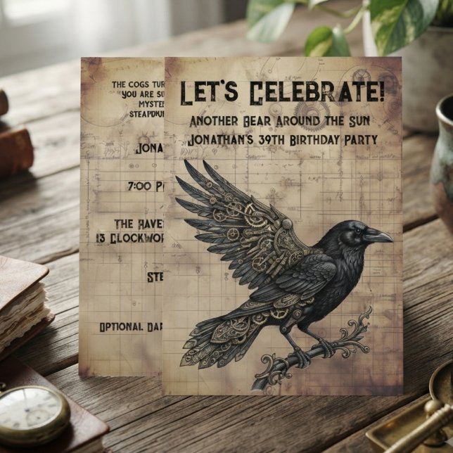 Invitation Corbeau Steampunk Gothique (Sepia steampunk raven invitation card for adult birthday celebration.)