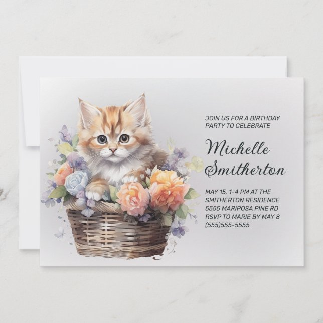 Invitation Corbeille de fleurs de chaton jaune pour l'anniver (Devant)