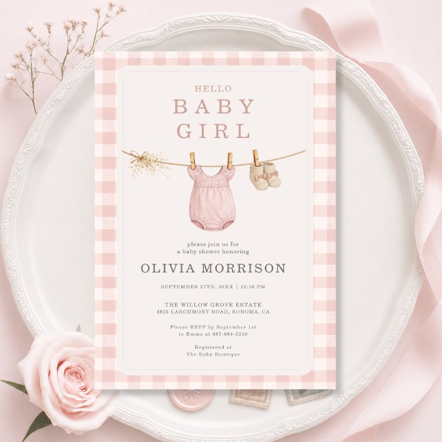 Invitation Corde à linge Bébé Fille Rose Pâle Baby Shower (Créateur téléchargé)